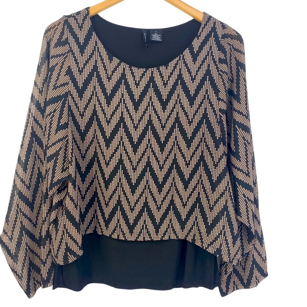 New Directions Womens Large Black Tan Chevron Layered Blouse Draped Sleeve